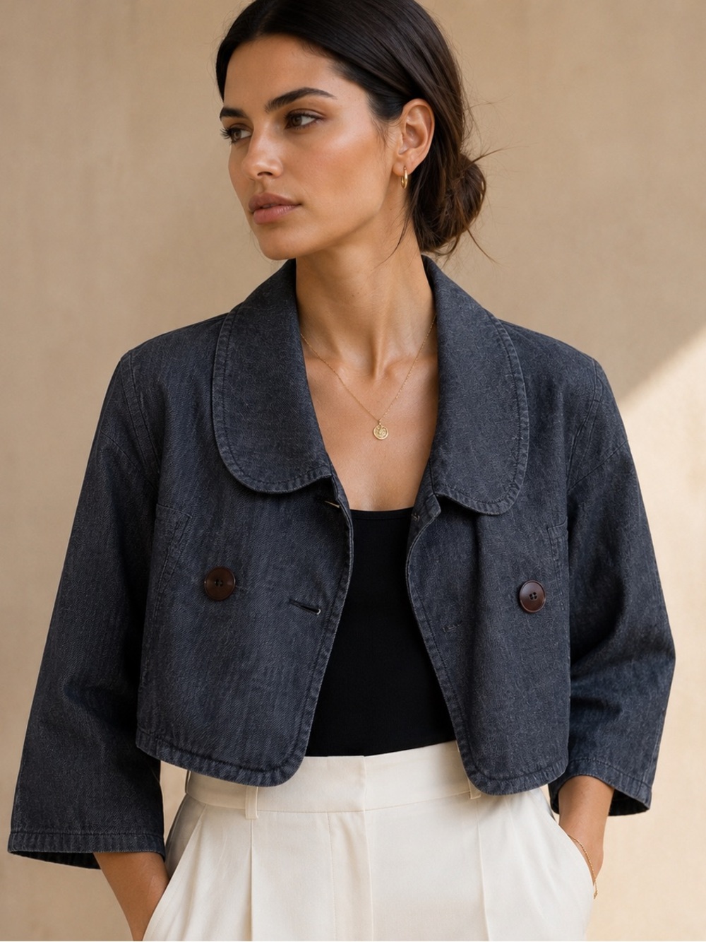 Theory Cropped Swing Jacket Sz P Chambray Denim Bell Sleeve Boxy